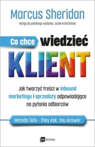 Okładka książki Co chce wiedzieć klient Marcusa Sheridana. Białe tło, kolorowe słowo KLIENT.