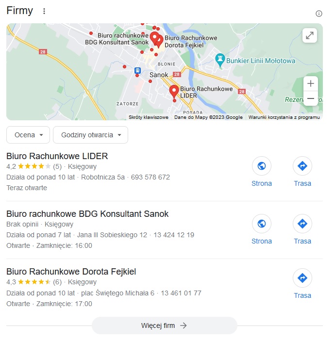 Wyniki wyszukiwania w Google biur rachunkowych w Sanoku. U góry mapka z zaznaczonymi biurami.