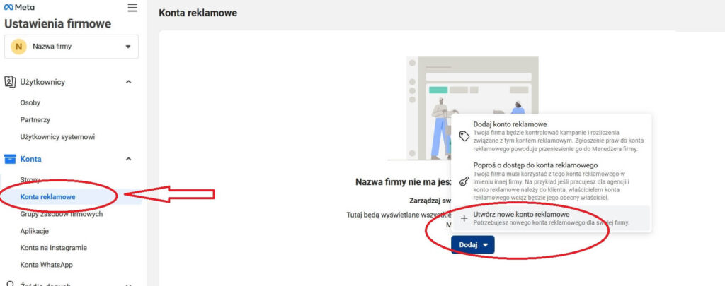W menedżerze reklam zaznaczona opcja Konta reklamowe oraz przycisk Dodaj i Utwórz nowe konto reklamowe.