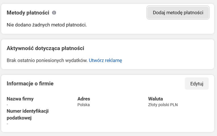 Pokazane metody płatności oraz informacje o firmie w Menedżerze reklam Facebook'a.